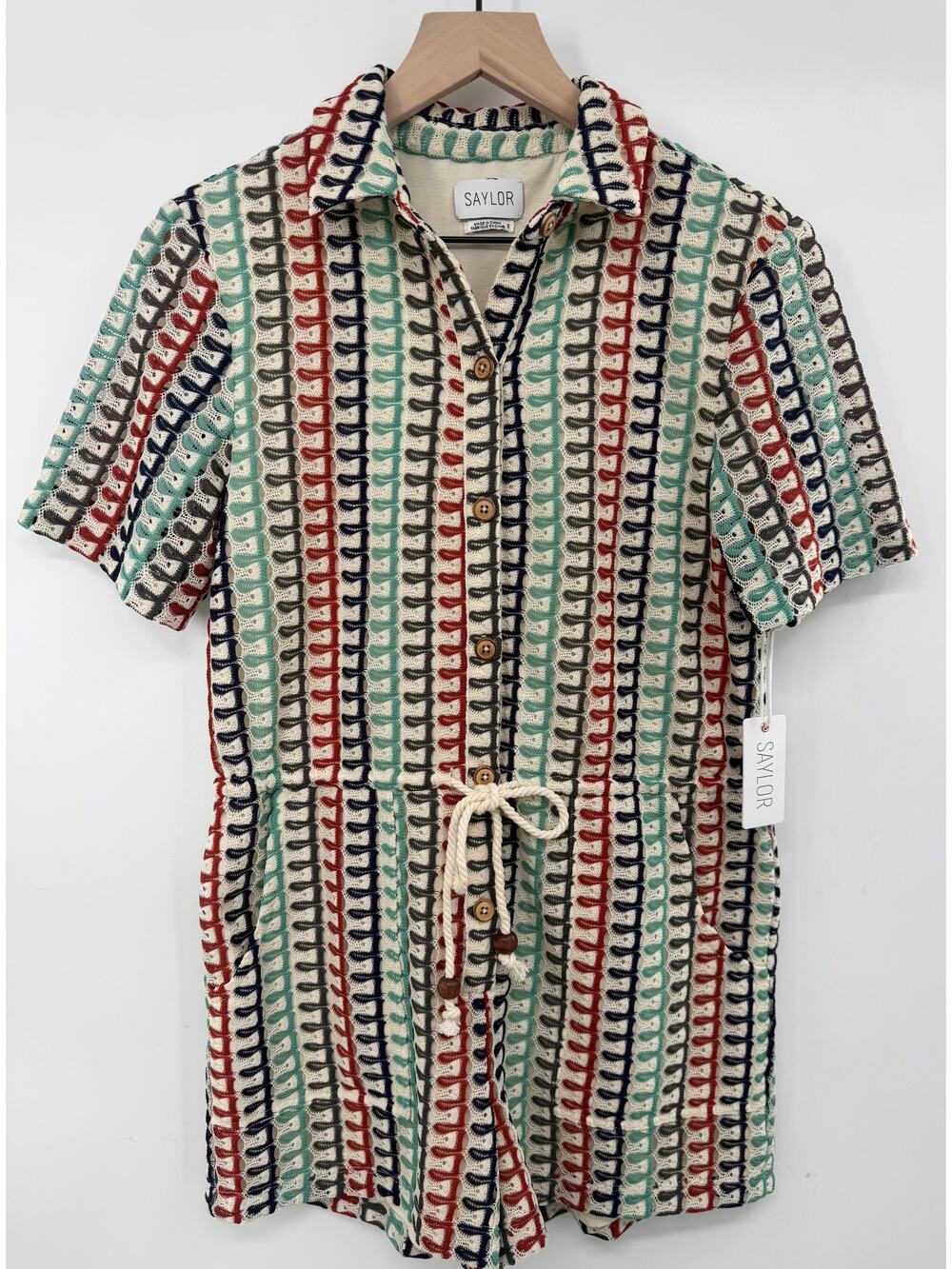Saylor Tiffany Wave Stripe Knit Romper Cream Crochet One Piece S NWT